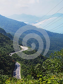 Aerial view of curve street Hai Van pass, Bach Ma mountain, Vietnam