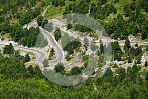 Aerial view of curvy road in the Albanian Alps mountain