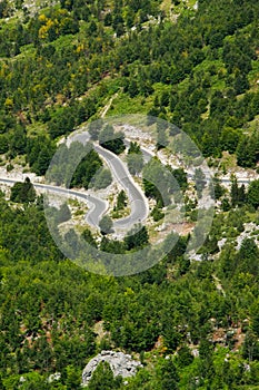 Aerial view of curvy road in the Albanian Alps mountain