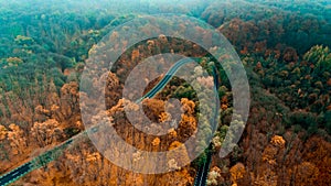 Aerial view of curvy road in beautiful autumn foggy forest . Top view of roadway with autumn colors. Europe roads and