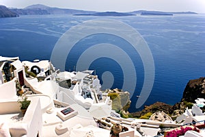 Aerial view of Cyclades architecture hotels houses over the caldera in oia santorini greek islands, greece, mediterranean sea view