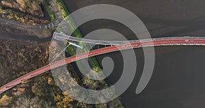 Aerial view of cycle and pedestrian bridge Nesciobrug in Amsterdam Oost near Ijburg and DIemen in The Netherlands