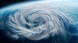 Aerial view of a cyclone swirling below, the weather phenomenon. Generative AI