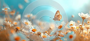 an aerial view of daisies and a butterfly flying above a blue sky