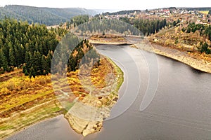 Aerial view of a dam in the Harz Mountains in Germany