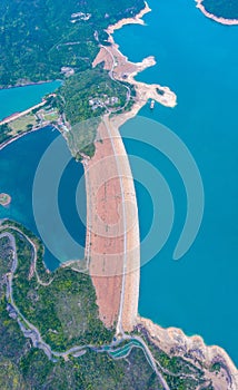 Aerial view of the Dam of High Island Reservoir, Sai Kung, Hong Kong, daytime