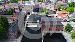 Aerial view on dam in Tampere city center at sunny summer day.