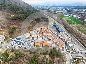 Aerial View of Damayng Village and metasequoia Forest, Damyang, Jeonnam, South Korea, Asia photo