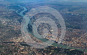 Aerial view of Danube crossing Budapest