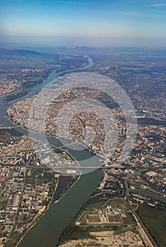 Aerial view of Danube crossing Budapest