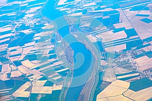 Aerial view of Danube river and agricultural fields