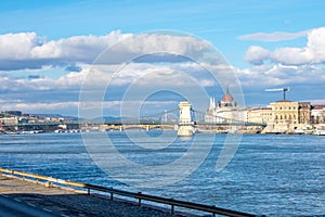 Aerial view on Danube River and buildings in City center of Budapest, Hungary. Drone photo, high angle view of town