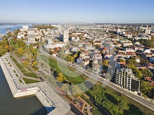 Aerial view of Danube River and City of Ruse, Bulgaria