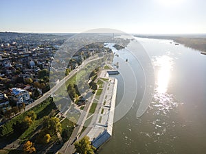 Aerial view of Danube River and City of Ruse, Bulgaria