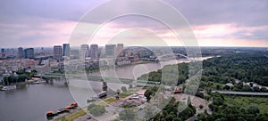 Danube river with bridges during summer cloudy day