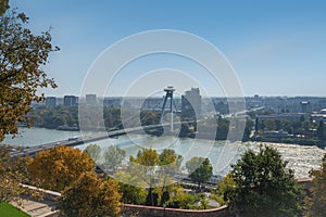 Aerial view of Danube River with SNP Bridge and UFO Tower - Bratislava, Slovakia