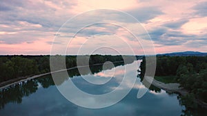 Aerial view of Danube River at sunset