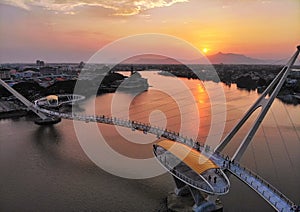 Aerial view of darul hana bridge, kuching sarawak at sunset