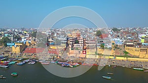 AERIAL view of Dashashwamedh Ghat, Kashi Vishwanath Temple and Manikarnika Ghat Manikarnika Ghat Varanasi India