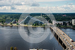 Aerial view of Daugava River and National Library of Latvia