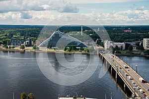 Aerial view of Daugava River and National Library of Latvia photo