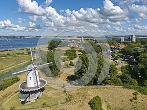 Aerial view of the De Koe windmill in Veere. Province of Zeeland in the Netherlands