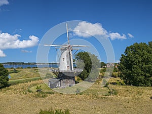 Aerial view of the De Koe windmill in Veere. Province of Zeeland in the Netherlands