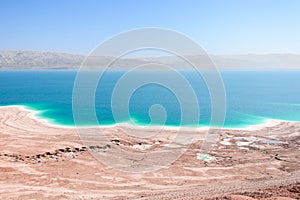 Aerial view Dead Sea coast landscape with therapeutic curative mud