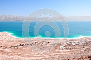 Aerial view Dead Sea coast landscape with therapeutic curative mud photo