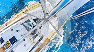 Aerial view of the deck of a single-mast yacht gliding along the surface of the water in the sea.