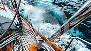 Aerial view of the deck of a single-mast yacht gliding along the surface of the water in the sea.