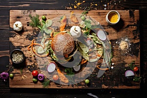 aerial view of a deconstructed burger on a wooden table