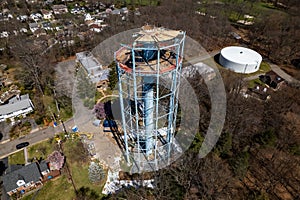 Aerial view of the deconstruction process of the old water tower.