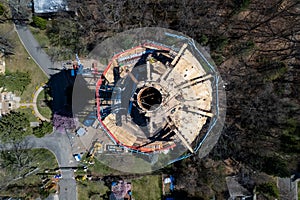 Aerial view of the deconstruction process of the old water tower.