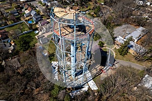 Aerial view of the deconstruction process of the old water tower.