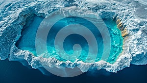 Aerial View of a Deep Blue Ice Hole in a Snowy Arctic Landscape. Lake in glacier