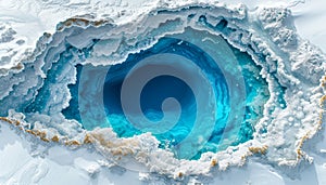 Aerial View of a Deep Blue Ice Hole in a Snowy Arctic Landscape. Lake in glacier