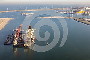 Aerial view deepwater construction and crane vessel in harbor Rotterdam