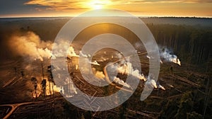 Aerial view of deforestation environmental problem. Generative Ai