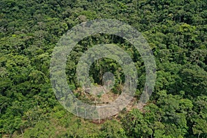 Aerial view of deforestation, many trees cut down to make room for a small scale cattle ranch