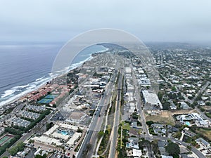 Aerial view of Del Mar coastline and beach, San Diego County, California, USA.
