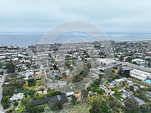 Aerial view of Del Mar coastline and beach, San Diego County, California, USA.