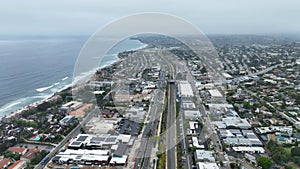 Aerial view of Del Mar coastline and beach, San Diego County, California, USA.