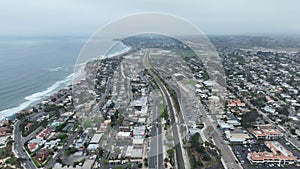 Aerial view of Del Mar coastline and beach, San Diego County, California, USA.