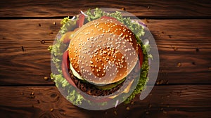 Aerial View Of Delicious Hamburger On Wooden Table photo