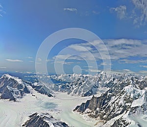 Aerial view of Denali Mountain range and glaciers, Denali National Park, Alaska