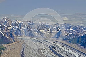 Aerial view of Denali Mountain range and glaciers, Denali National Park, Alaska