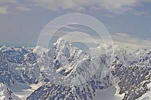 Aerial view of Denali Mountain range and glaciers, Denali National Park, Alaska