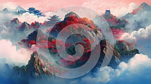 Aerial View of Dense Clouds with Mountains and Trees Painting of Japanese Theme