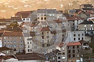 Aerial view of dense historic center of Thiers town in Puy-de-Dome department, Auvergne-Rhone-Alpes region in France